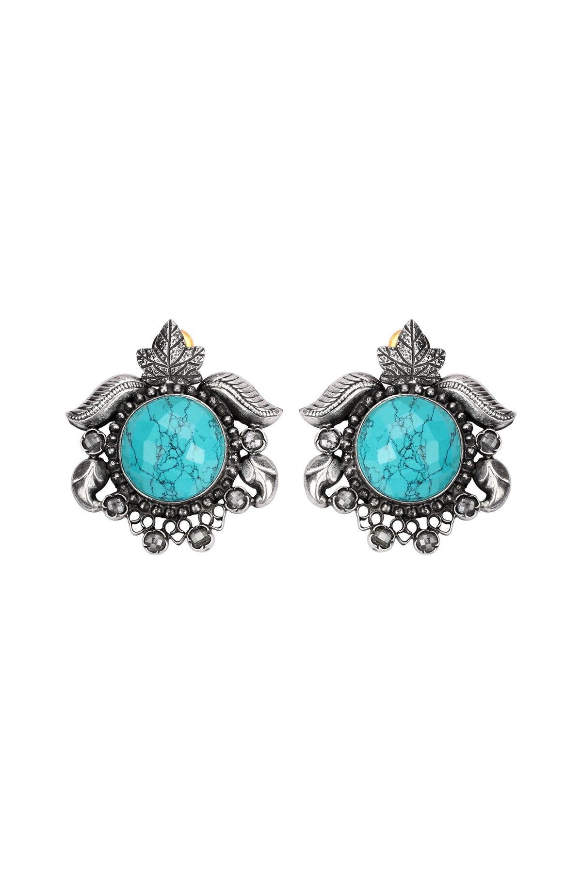 Silver Finish Turquoise Stone Stud Earrings In Sterling Silver
