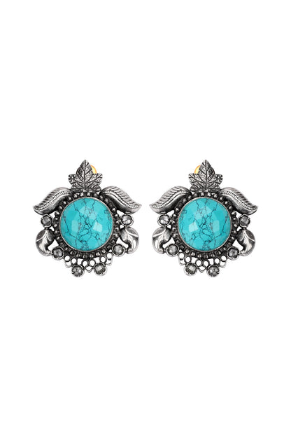 Silver Finish Turquoise Stone Stud Earrings In Sterling Silver