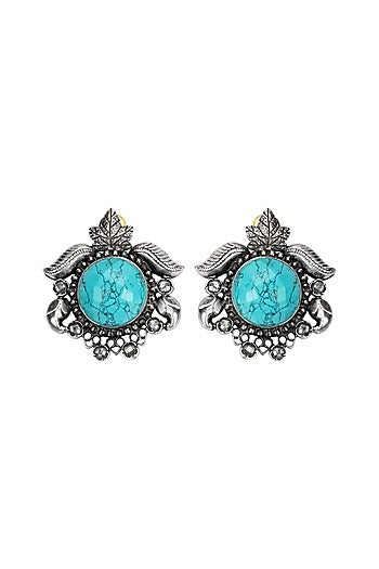 Silver Finish Turquoise Stone Stud Earrings In Sterling Silver
