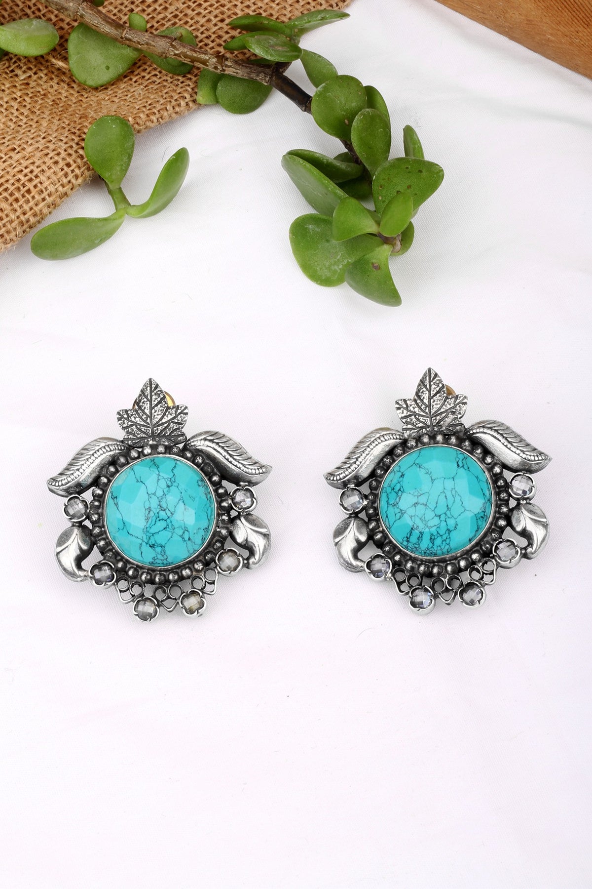 Silver Finish Turquoise Stone Stud Earrings In Sterling Silver