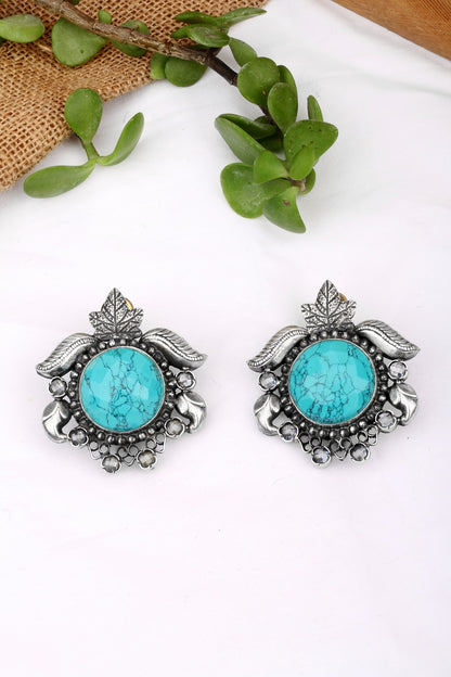 Silver Finish Turquoise Stone Stud Earrings In Sterling Silver