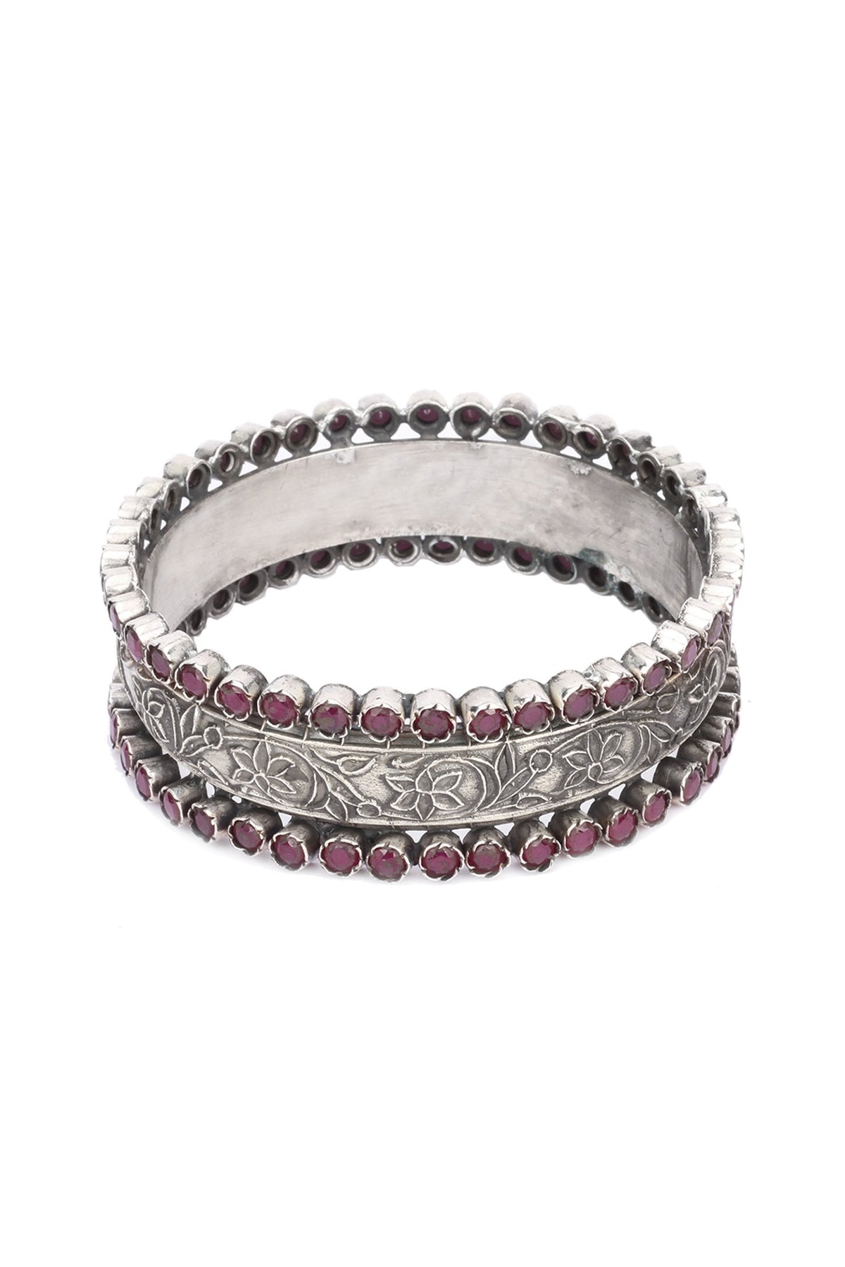 Silver Finish Red Stone Floral Bracelet In Sterling Silver