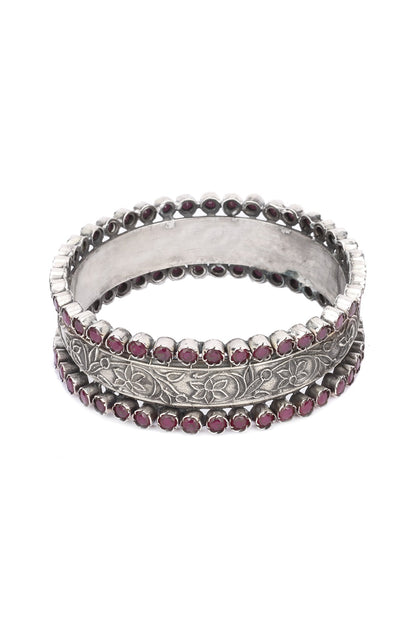 Silver Finish Red Stone Floral Bracelet In Sterling Silver