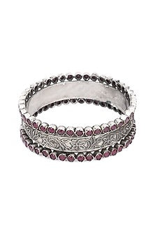 Silver Finish Red Stone Floral Bracelet In Sterling Silver