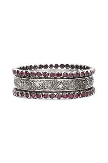 Silver Finish Red Stone Floral Bracelet In Sterling Silver