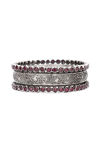Silver Finish Red Stone Floral Bracelet In Sterling Silver