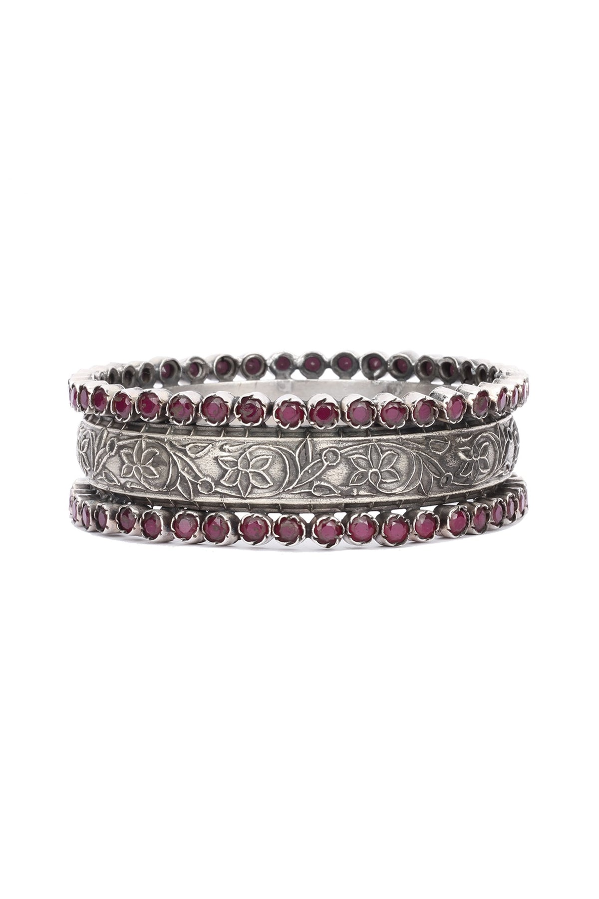 Silver Finish Red Stone Floral Bracelet In Sterling Silver