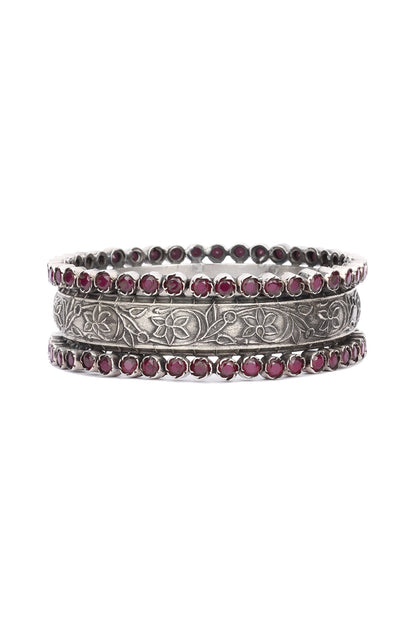 Silver Finish Red Stone Floral Bracelet In Sterling Silver