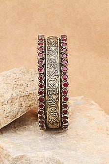Silver Finish Red Stone Floral Bracelet In Sterling Silver