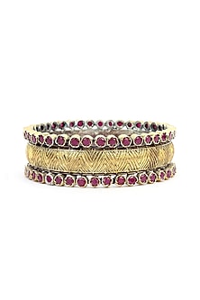 Gold Plated Red Stone Floral Bracelet In Sterling Silver