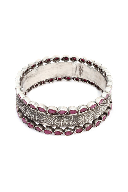 Silver Finish Red Stone Floral Bracelet In Sterling Silver