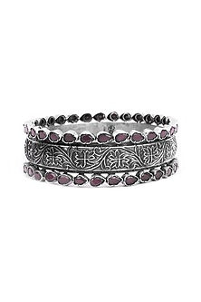 Silver Finish Red Stone Floral Bracelet In Sterling Silver