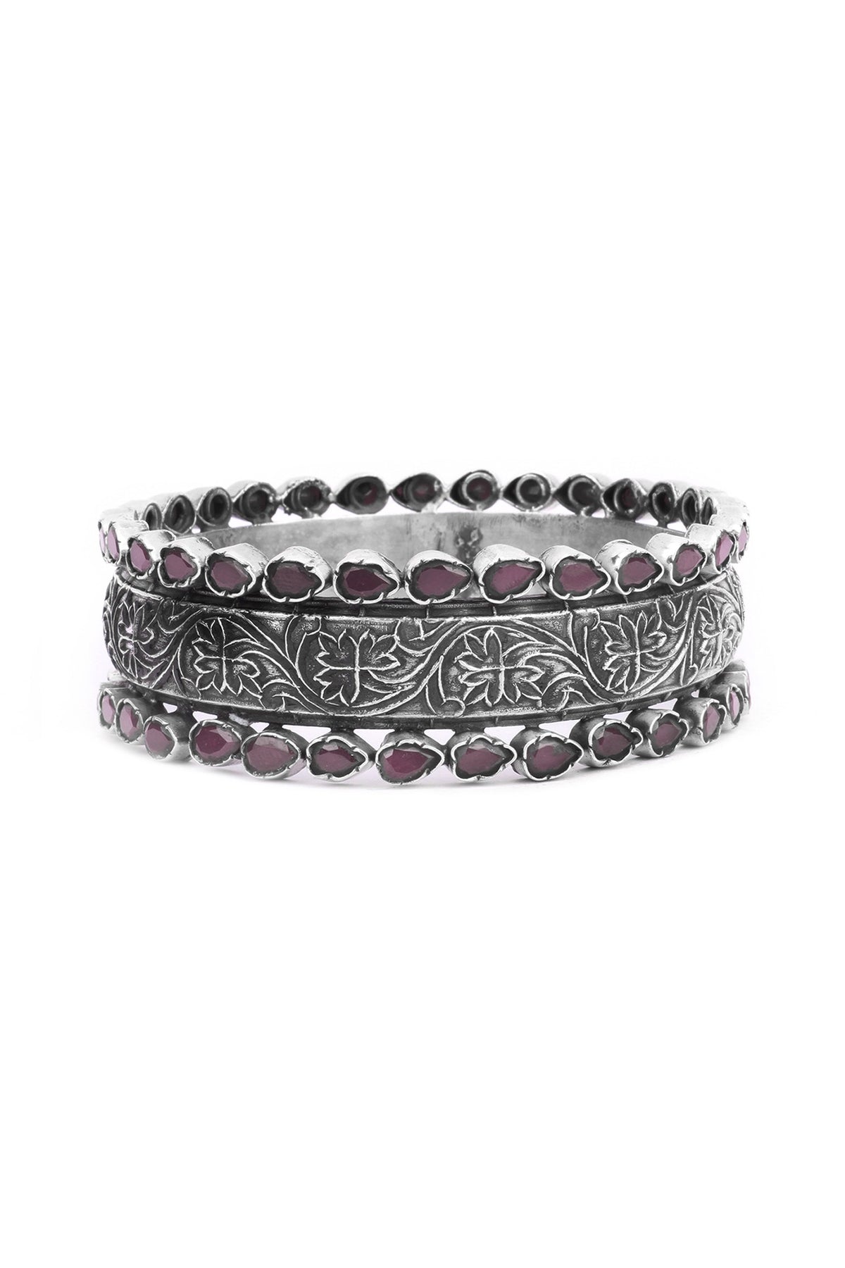 Silver Finish Red Stone Floral Bracelet In Sterling Silver