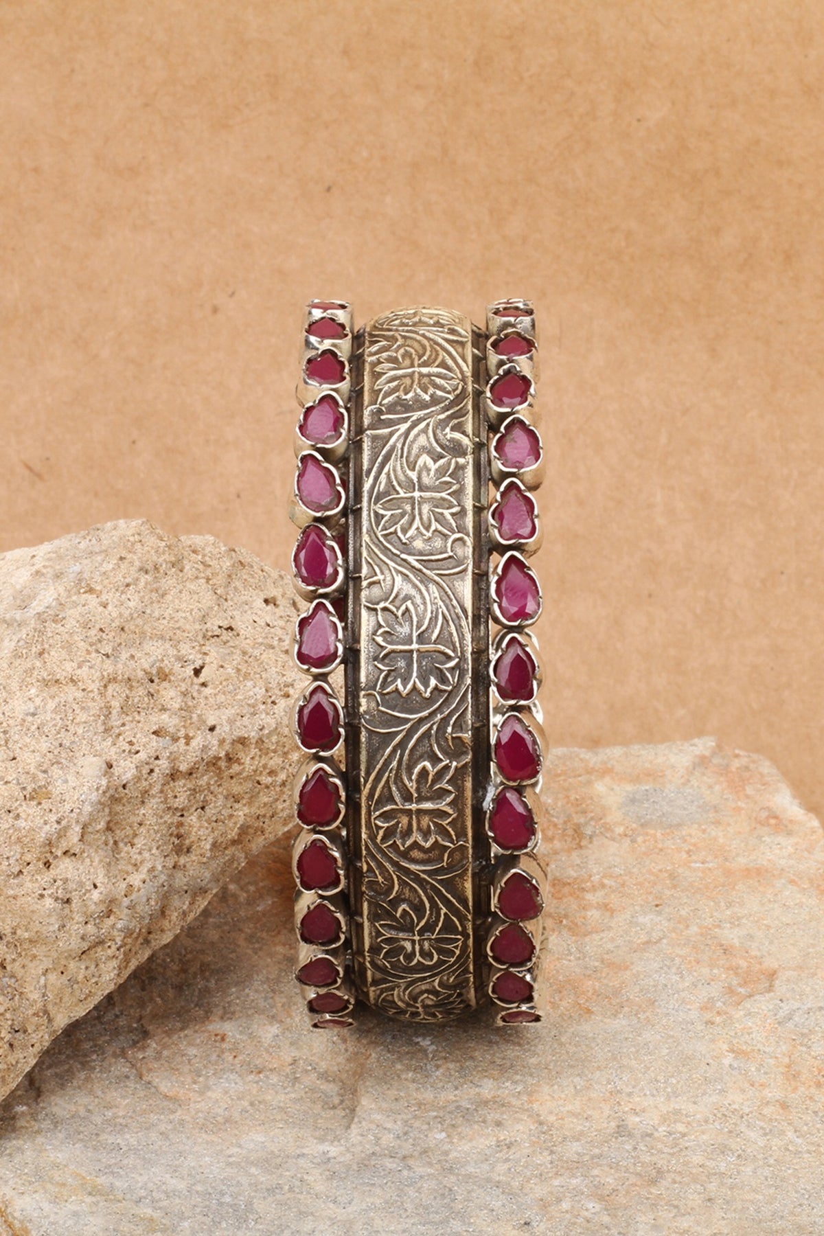 Silver Finish Red Stone Floral Bracelet In Sterling Silver