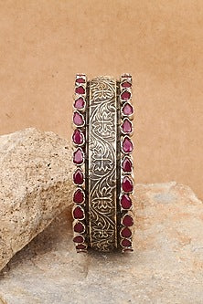 Silver Finish Red Stone Floral Bracelet In Sterling Silver