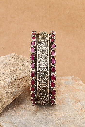 Silver Finish Red Stone Floral Bracelet In Sterling Silver