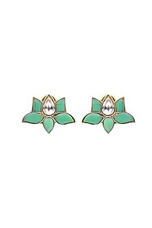 Oxidised Finish Kundan Polki Handcrafted Stud Earrings In Sterling Silver