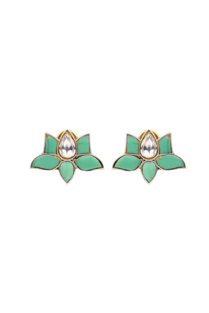 Oxidised Finish Kundan Polki Handcrafted Stud Earrings In Sterling Silver