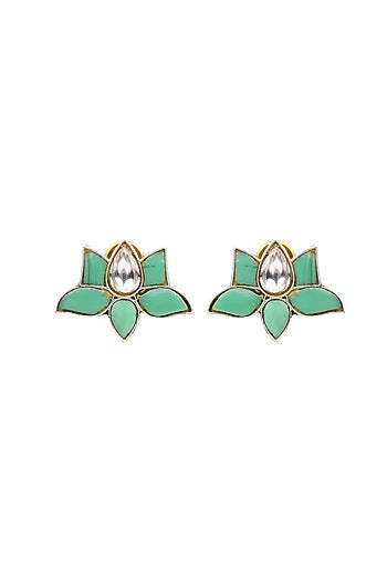Oxidised Finish Kundan Polki Handcrafted Stud Earrings In Sterling Silver