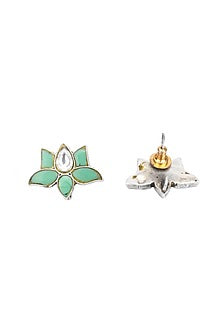 Oxidised Finish Kundan Polki Handcrafted Stud Earrings In Sterling Silver