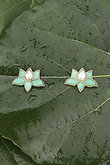 Oxidised Finish Kundan Polki Handcrafted Stud Earrings In Sterling Silver