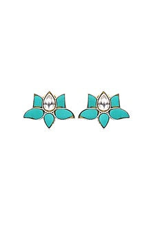 Oxidised Finish Kundan Polki Handcrafted Stud Earrings In Sterling Silver