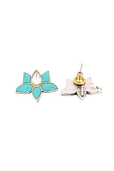 Oxidised Finish Kundan Polki Handcrafted Stud Earrings In Sterling Silver