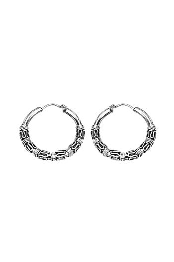 Oxidised Finish Kundan Polki Handcrafted Hoop Earrings In Sterling Silver