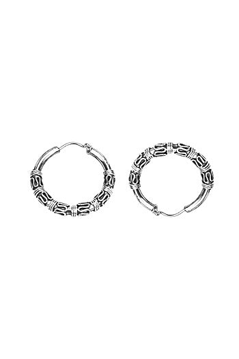 Oxidised Finish Kundan Polki Handcrafted Hoop Earrings In Sterling Silver