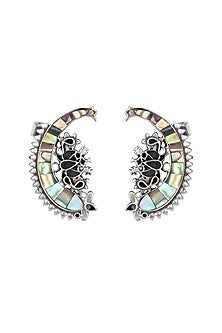 Oxidised Finish Kundan Polki Handcrafted Stud Earrings In Sterling Silver