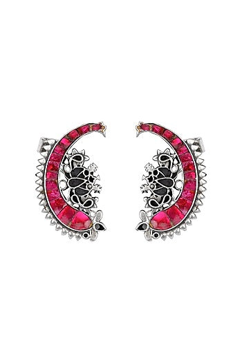 Oxidised Finish Kundan Polki Handcrafted Stud Earrings In Sterling Silver