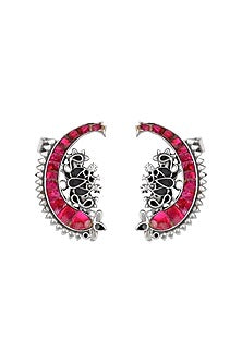 Oxidised Finish Kundan Polki Handcrafted Stud Earrings In Sterling Silver