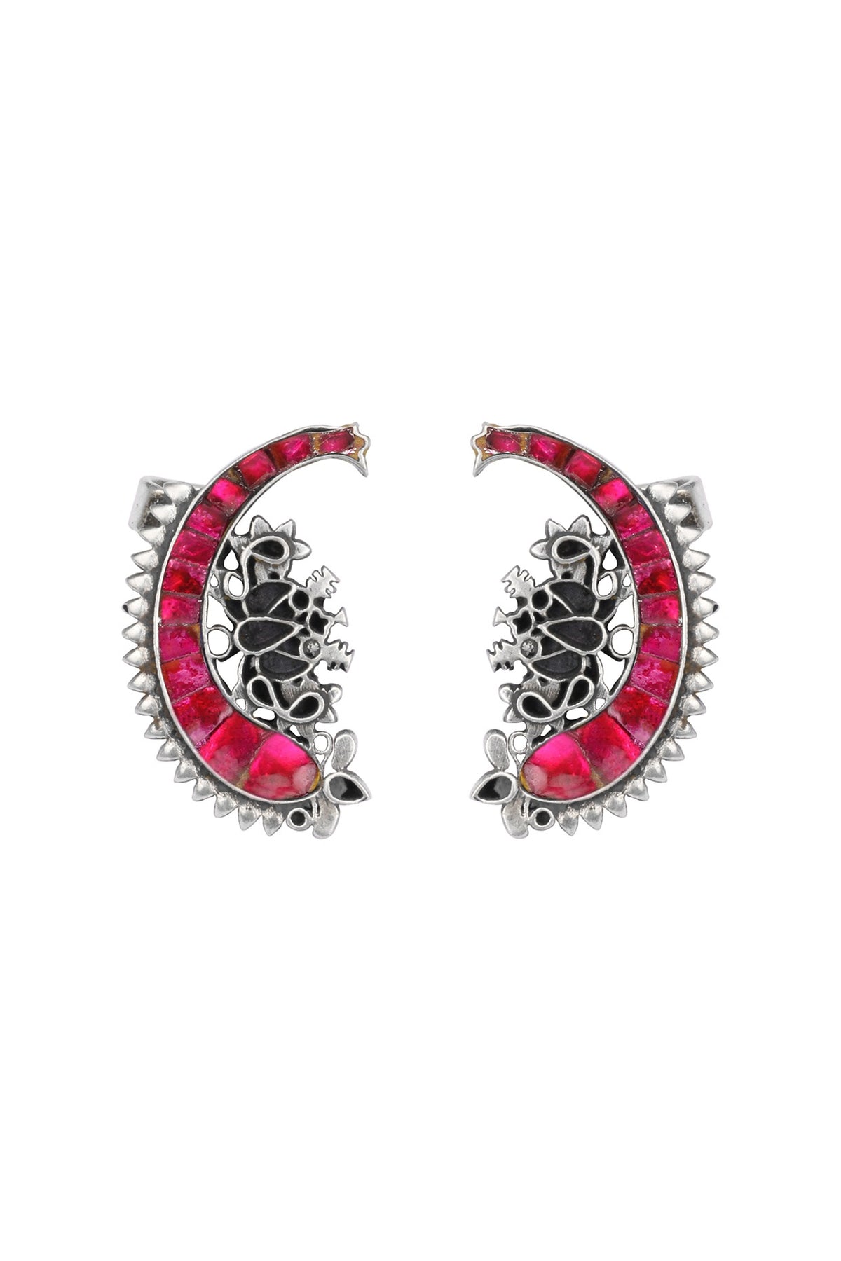 Oxidised Finish Kundan Polki Handcrafted Stud Earrings In Sterling Silver