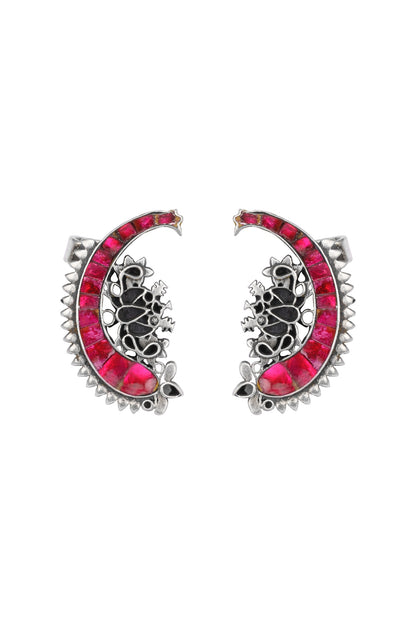 Oxidised Finish Kundan Polki Handcrafted Stud Earrings In Sterling Silver