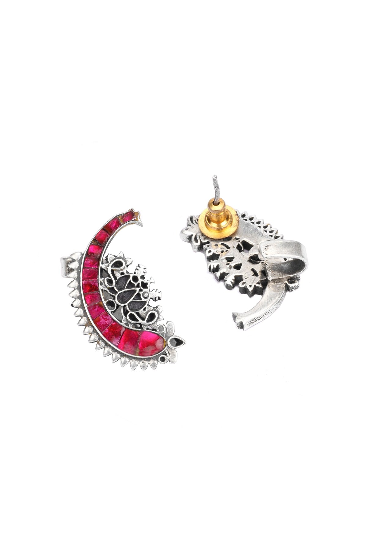 Oxidised Finish Kundan Polki Handcrafted Stud Earrings In Sterling Silver