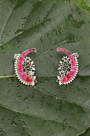 Oxidised Finish Kundan Polki Handcrafted Stud Earrings In Sterling Silver