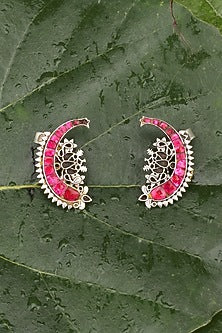 Oxidised Finish Kundan Polki Handcrafted Stud Earrings In Sterling Silver