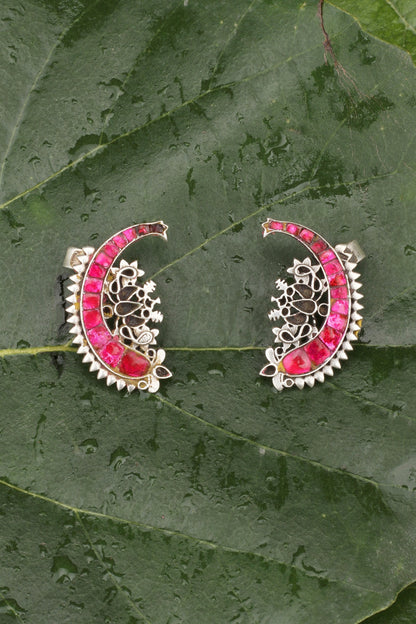 Oxidised Finish Kundan Polki Handcrafted Stud Earrings In Sterling Silver