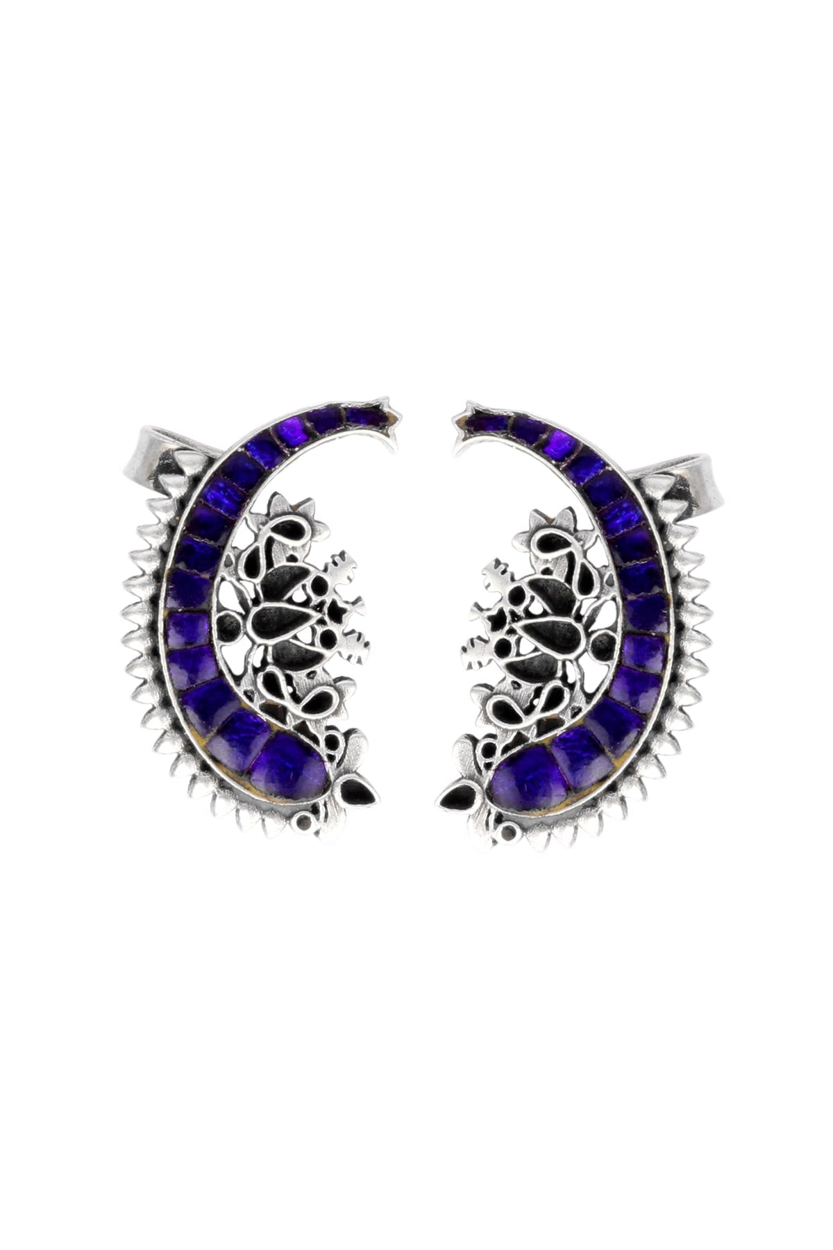 Oxidised Finish Kundan Polki Handcrafted Stud Earrings In Sterling Silver
