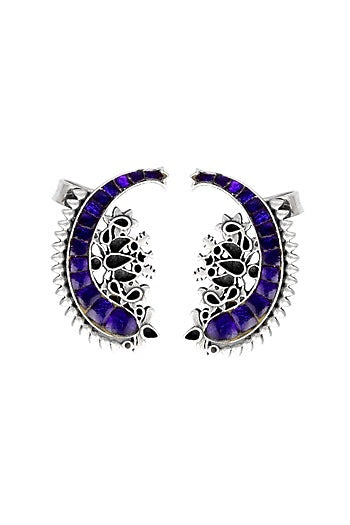 Oxidised Finish Kundan Polki Handcrafted Stud Earrings In Sterling Silver