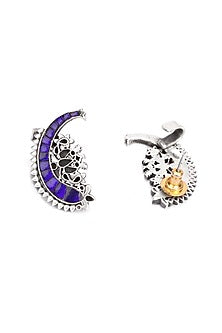 Oxidised Finish Kundan Polki Handcrafted Stud Earrings In Sterling Silver