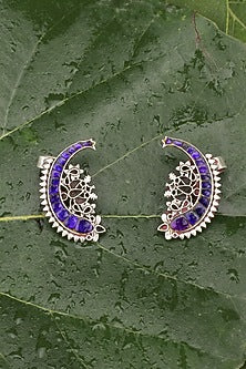 Oxidised Finish Kundan Polki Handcrafted Stud Earrings In Sterling Silver