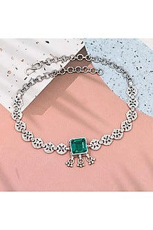 Silver Finish Emerald Stone Handmade Necklace In Sterling Silver