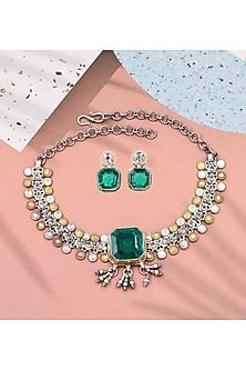 Silver Finish Emerald Stone Handmade Choker Necklace Set In Sterling Silver