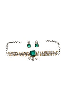 Silver Finish Emerald Stone Handmade Choker Necklace Set In Sterling Silver