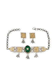 Silver Finish Emerald Stone Handmade Choker Necklace Set In Sterling Silver