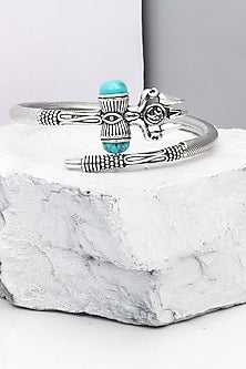 Silver Finish Turquoise Stone Trishul Openable Bangle In Sterling Silver