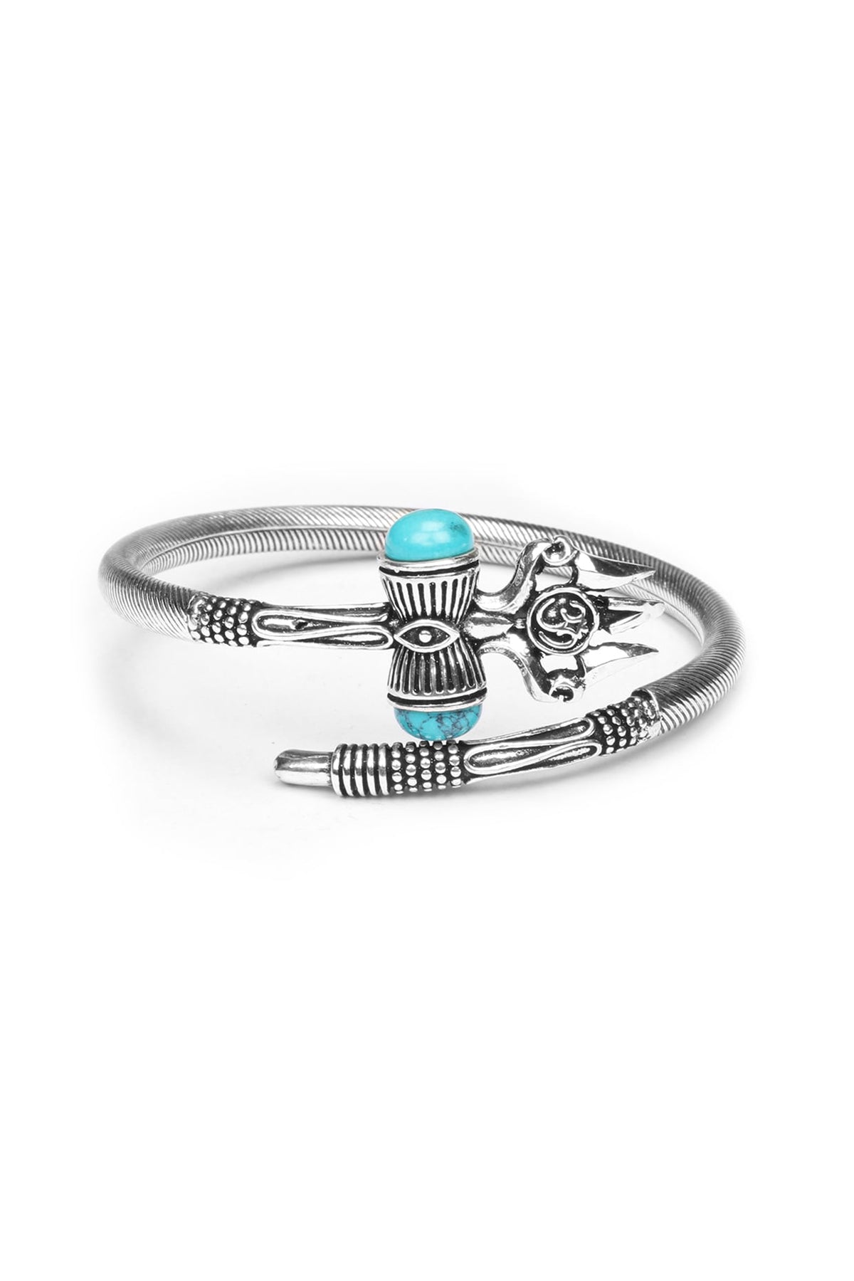 Silver Finish Turquoise Stone Trishul Openable Bangle In Sterling Silver