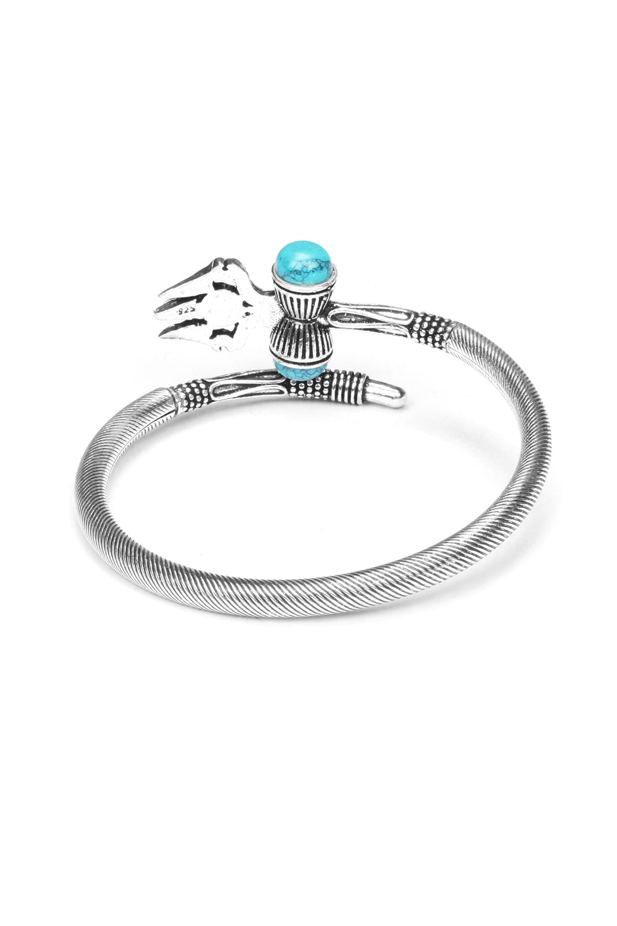 Silver Finish Turquoise Stone Trishul Openable Bangle In Sterling Silver