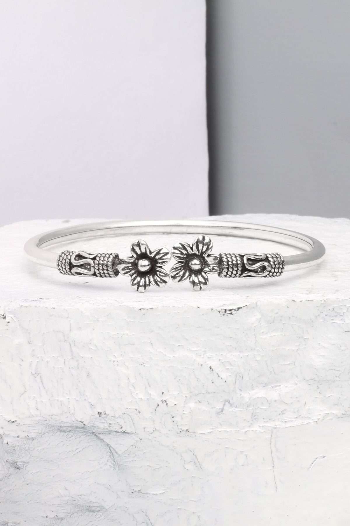 Silver Finish Motifs Handcrafted Bangle In Sterling Silver